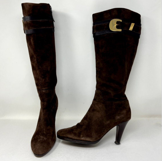 Cole Haan Nicole Genuine Suede Leather Buckle Detail High Heel Boots Shoes Brown