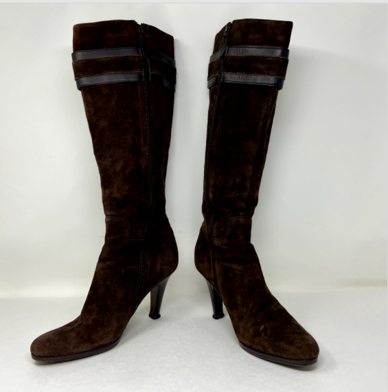 Cole Haan Nicole Genuine Suede Leather Buckle Detail High Heel Boots Shoes Brown