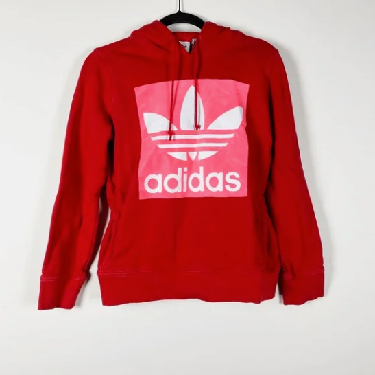 Adidas Women's Trefoil Velvet Velour Logo Scarlet Pullover Hoodie Sweatshirt L