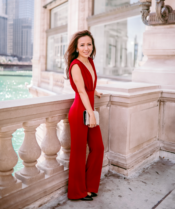 Misha Collection Stretch Knit Ruched Pleated Deep V Neck Sleeveless Jumpsuit Red