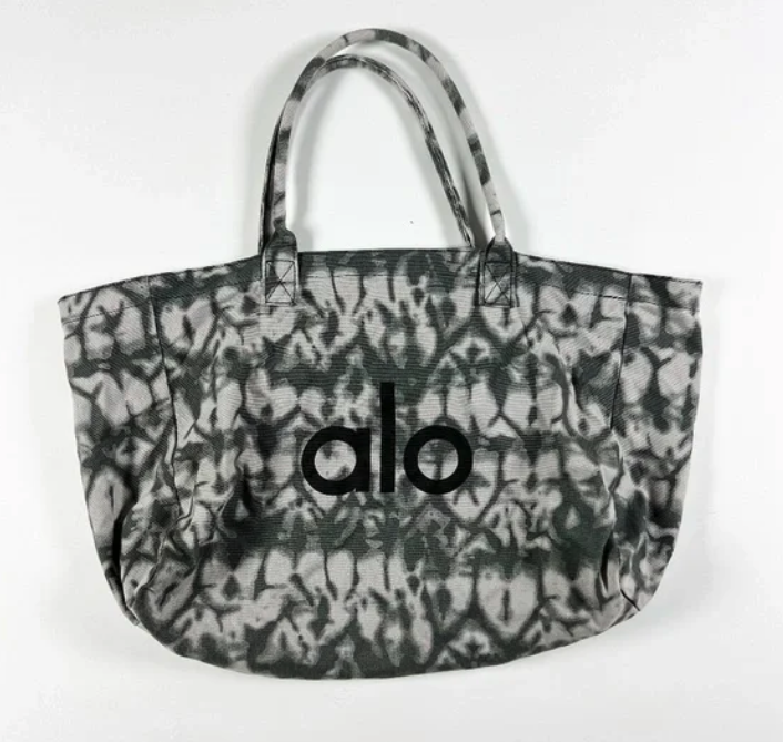 NEW Alo Yoga Cotton Gray White Tie Dye Print Pattern Oversize Gym Tote Bag Purse