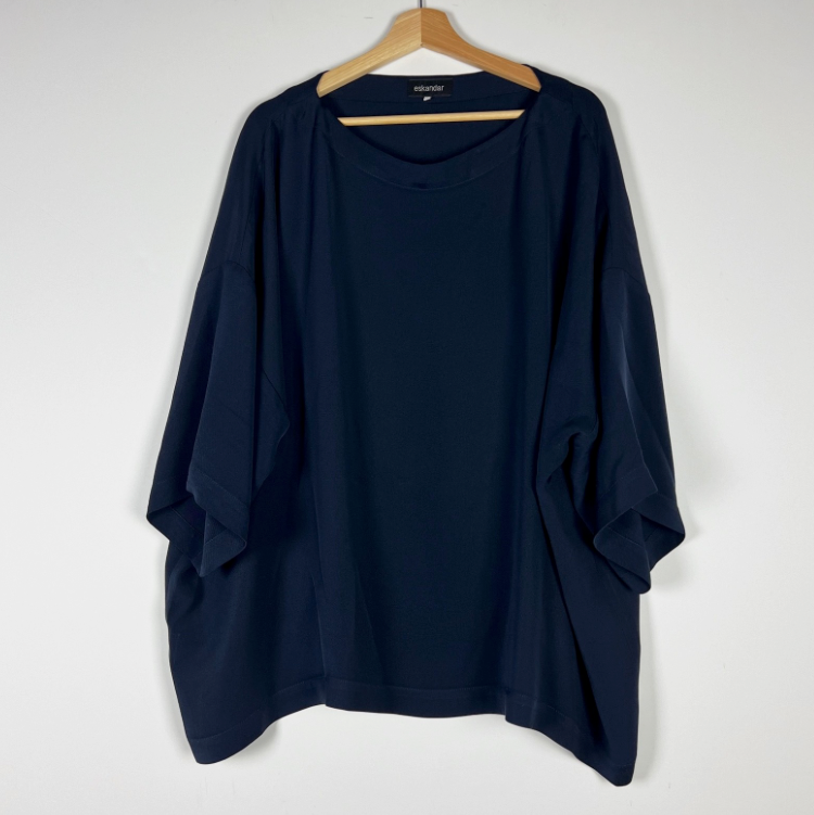Eskandar 3/4 Sleeve Silk Chiffon Boat Neck Boxy Cut Blouse Shirt Top Navy Blue
