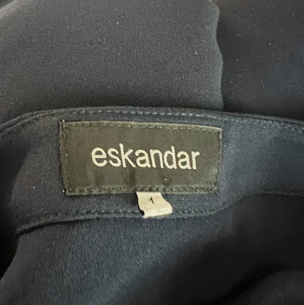 Eskandar 3/4 Sleeve Silk Chiffon Boat Neck Boxy Cut Blouse Shirt Top Navy Blue