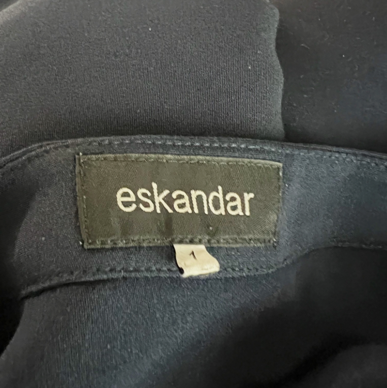 Eskandar 3/4 Sleeve Silk Chiffon Boat Neck Boxy Cut Blouse Shirt Top Navy Blue