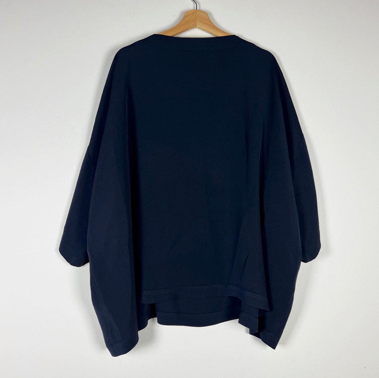 Eskandar 3/4 Sleeve Silk Chiffon Boat Neck Boxy Cut Blouse Shirt Top Navy Blue