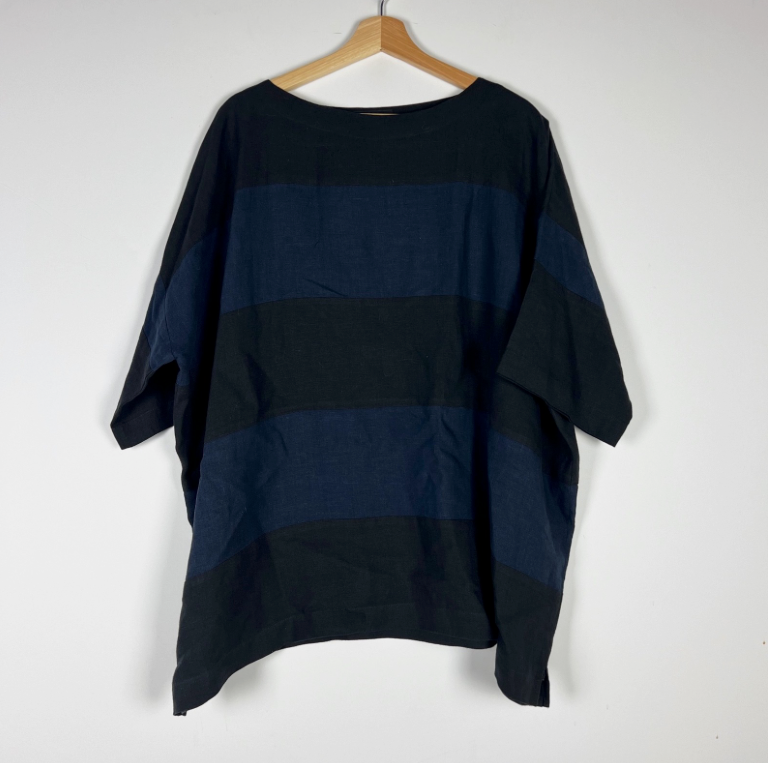 Eskandar Linen Lightweight Woven Boatneck Boxy Cut Oversized Blue Black Blouse L