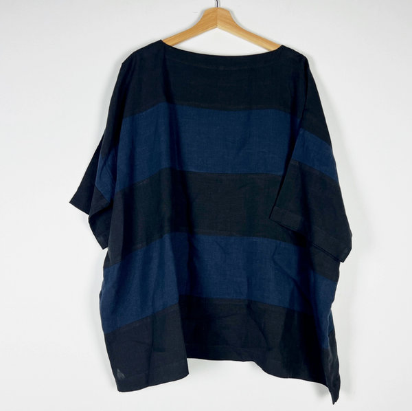 Eskandar Linen Lightweight Woven Boatneck Boxy Cut Oversized Blue Black Blouse L