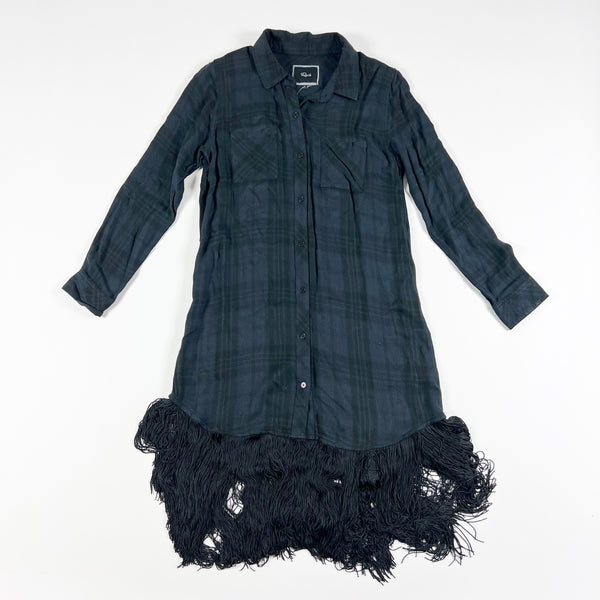 NEW Rails Pat Plaid Fringe Tassel Hem Collared Button Front Shirt Dress Black L