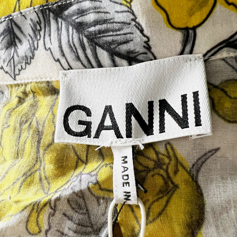 NEW Ganni Organic Cotton Floral Flower Print Pattern Egret Yellow Coverup Dress