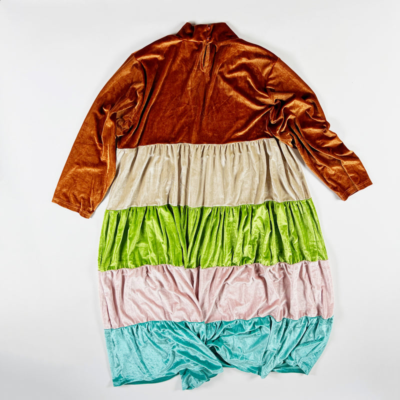 Vada Winter Rainbow Colorblock Velvet Velour Tiered Long Sleeve Midi Dress 2X