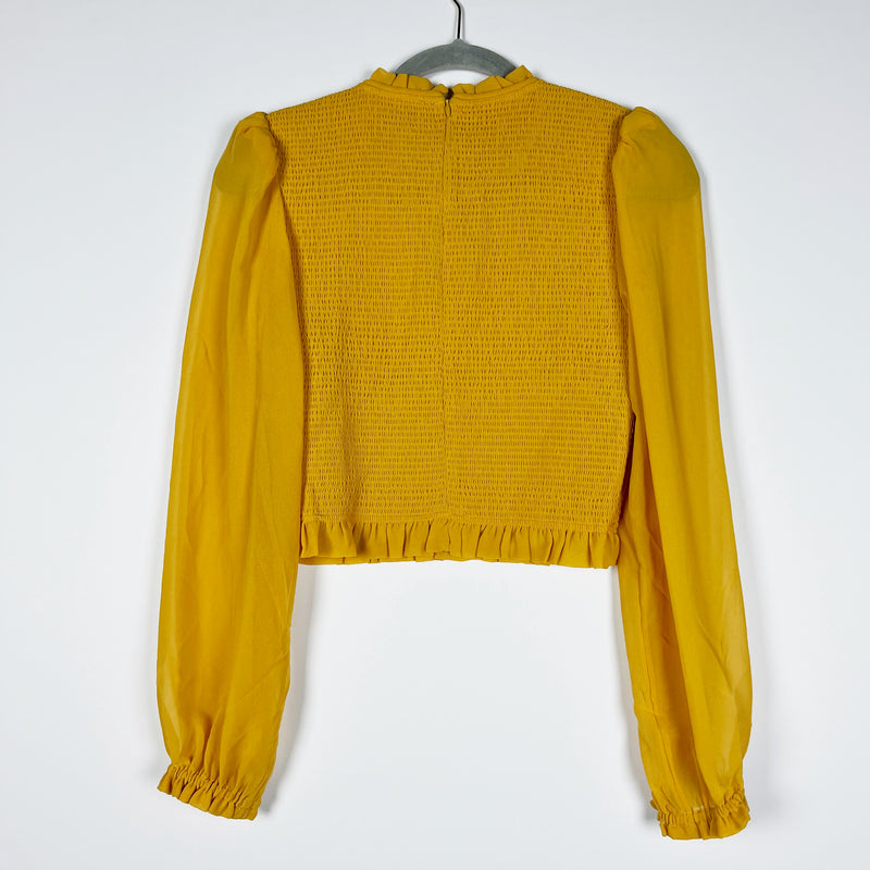 Wilfred Aritzia Tempest Smocked Stretch Chiffon Long Sleeve Ruffle Blouse Yellow