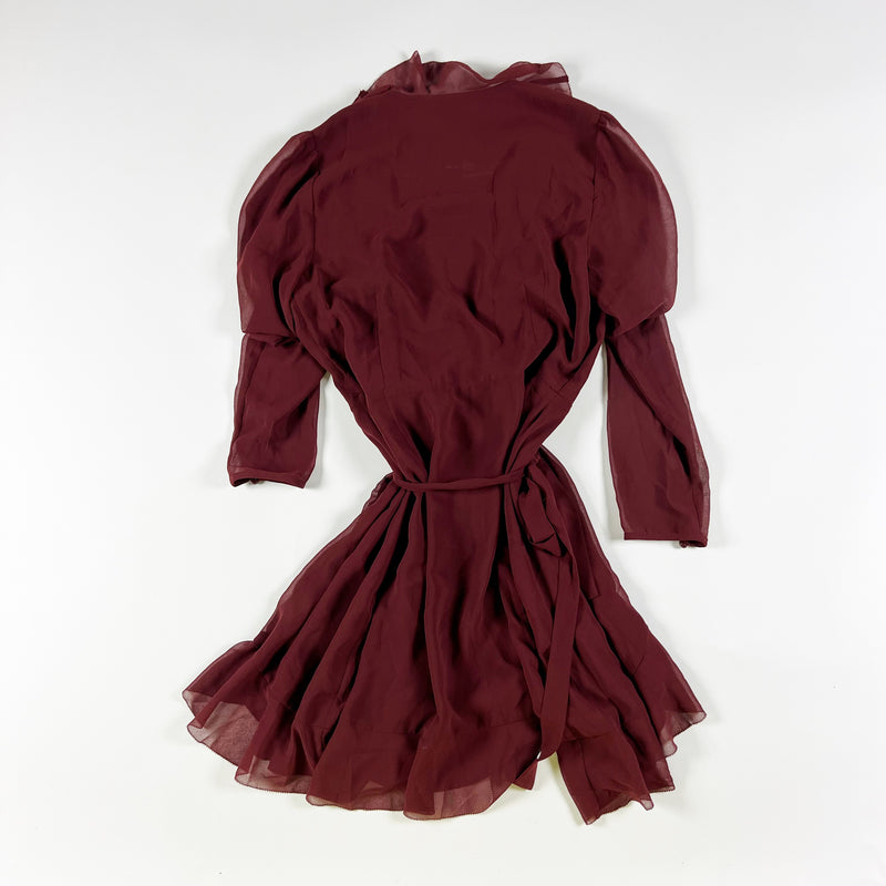 NEW Wilfred Aritzia Louise Chiffon Long Sleeve Ruffle Wrap Mini Dress Red Rust M