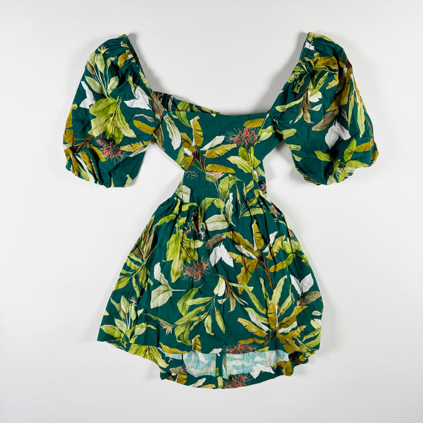 OPT Luciana Linen Blend Tropical Floral Flower Green Print Pattern Mini Dress S