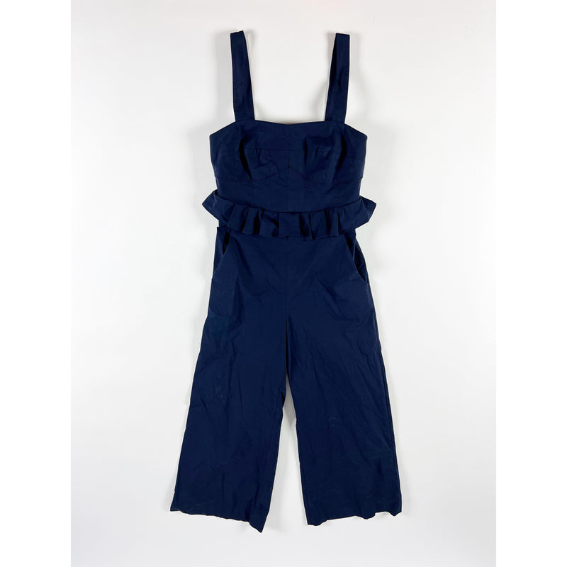 SEA Leia Cotton Poplin Flirty Ruffle Waist Square Neck Full Length Jumpsuit Blue