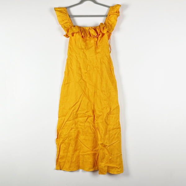 NEW &amp; Other Stories Linen Square Ruffle Neck A Line Midi Dress Yellow 4