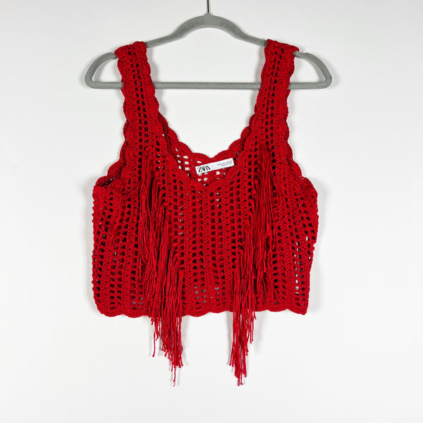 Zara Sheer Sweater Crochet Knit V Neck Fringe Crop Top Tank Red Small