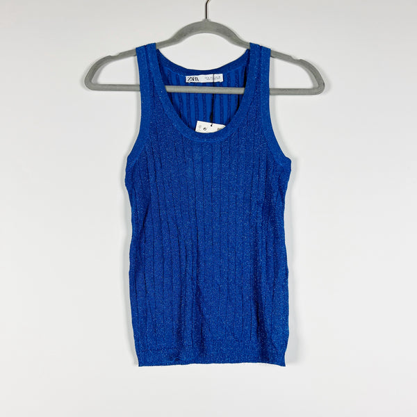 NEW Zara Blue Sparkle Metallic Ribbed Knit Stretch Scoop Neck Tank Top Shirt S