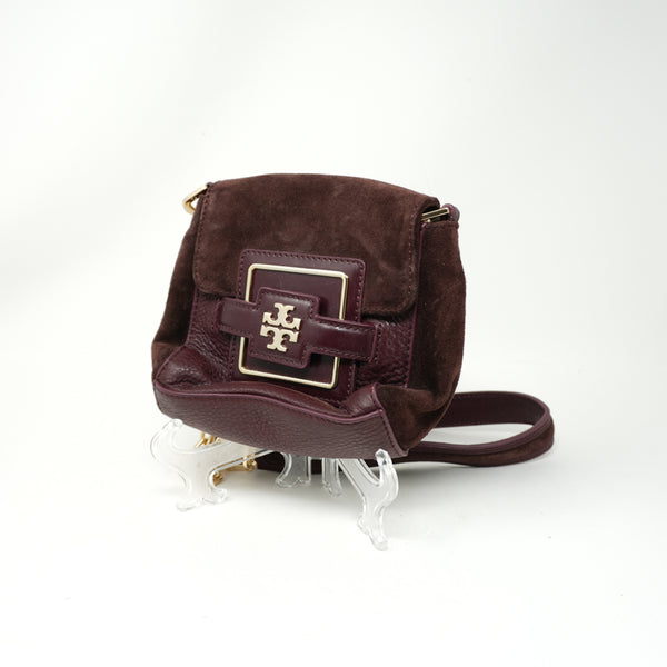 Tory Burch Julia Genuine Leather Suede Burgundy Gold Hardware Crossbody Purse