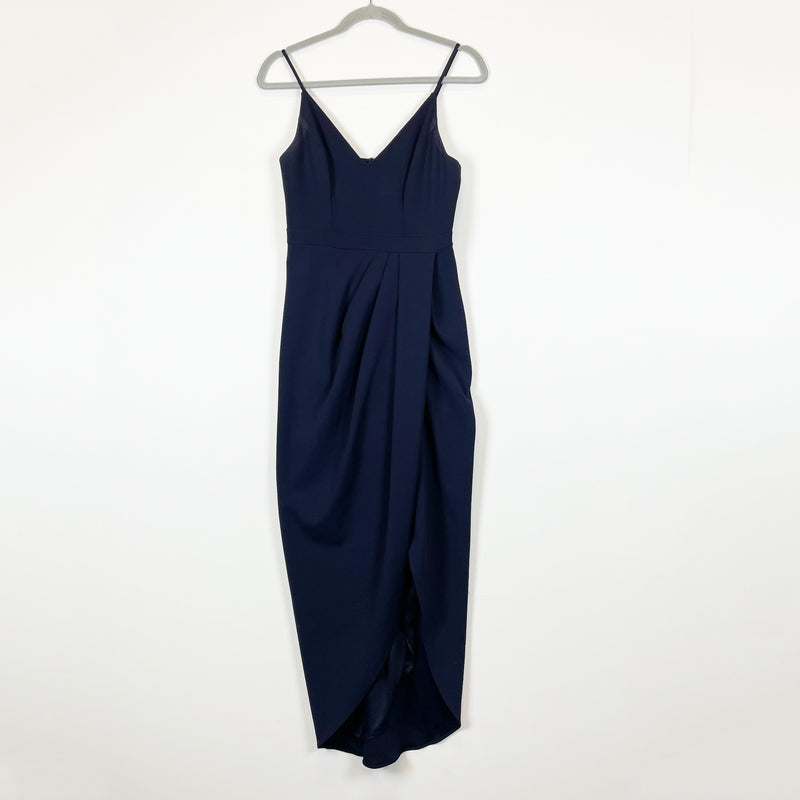 BHLDN Anthropologie Caron Crepe Tulip Skirt Draped V Neck Midi Dress Navy Blue 4