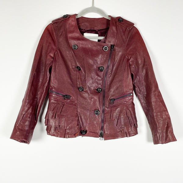 3.1 Phillip Lim Genuine Leather Double Breasted Full Zip Ruffle Moto Jacket Red