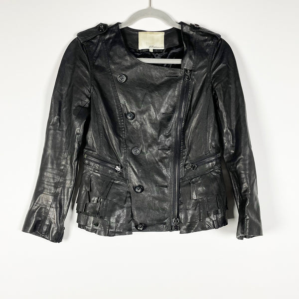 3.1 Phillip Lim Leather Double Breasted Full Zip Ruffle Moto Jacket Black 0