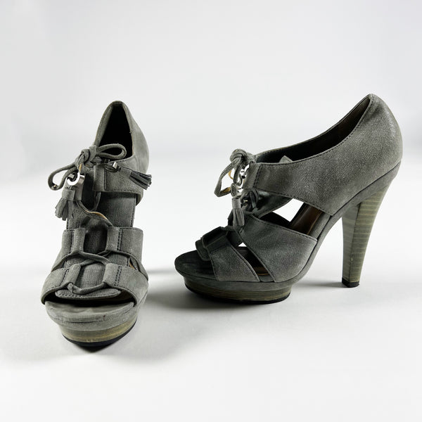 Coach Teagan Genuine Suede Leather Lace Up Open Toe High Heels Shoes Gray 6