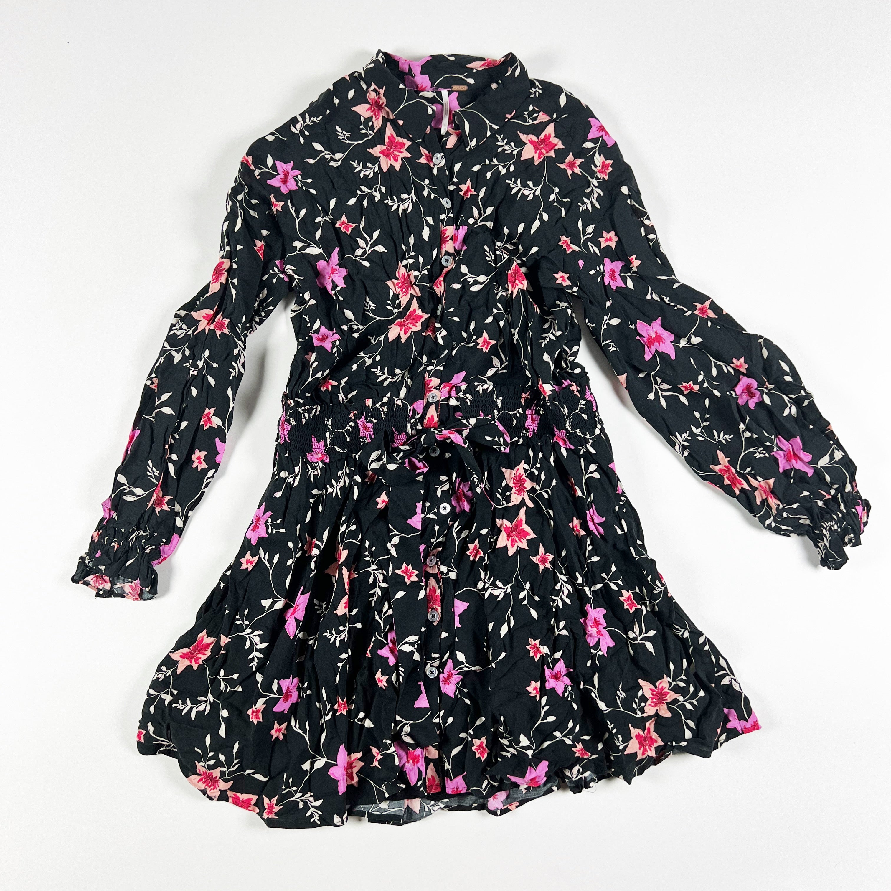 Free People Lighten Up Floral Print Pattern Long Sleeve Minidress In Black Combo