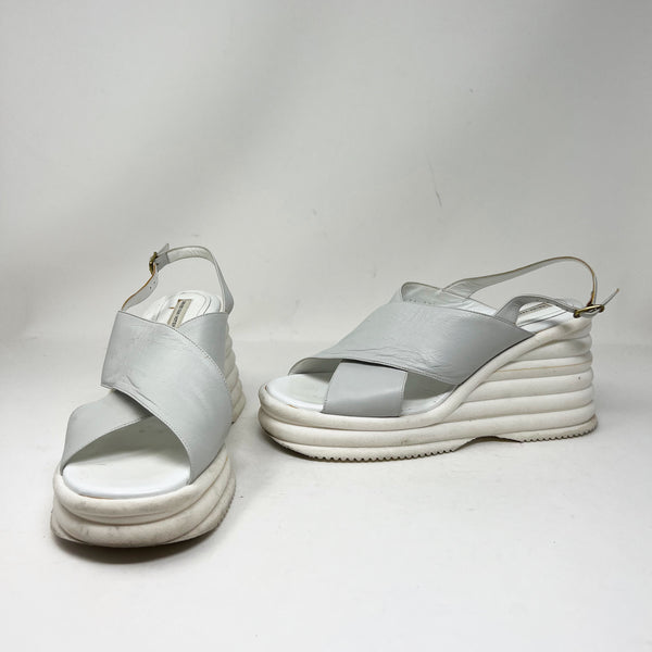 Dries Van Noten Grey Cross Strap Slingback Platform Open Toe Wedge Heel Sandals