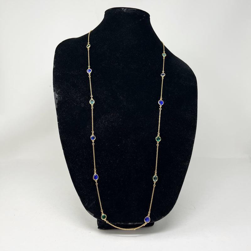 Kate Spade Faux Gold Blue Stone Station Chain Link Long Draped Necklace