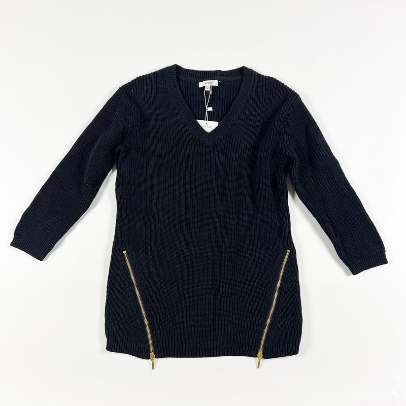 NEW Tyler Boe Shaker Knit Stretch Zipper Detail Crew Neck Pullover Sweater Black
