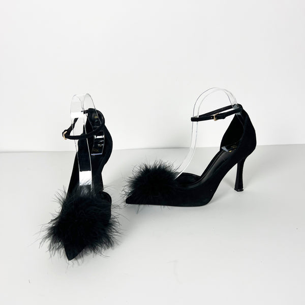 NEW Zara Microfiber Feather Puff Pointed Tie Ankle Strap High Heels Shoes Black