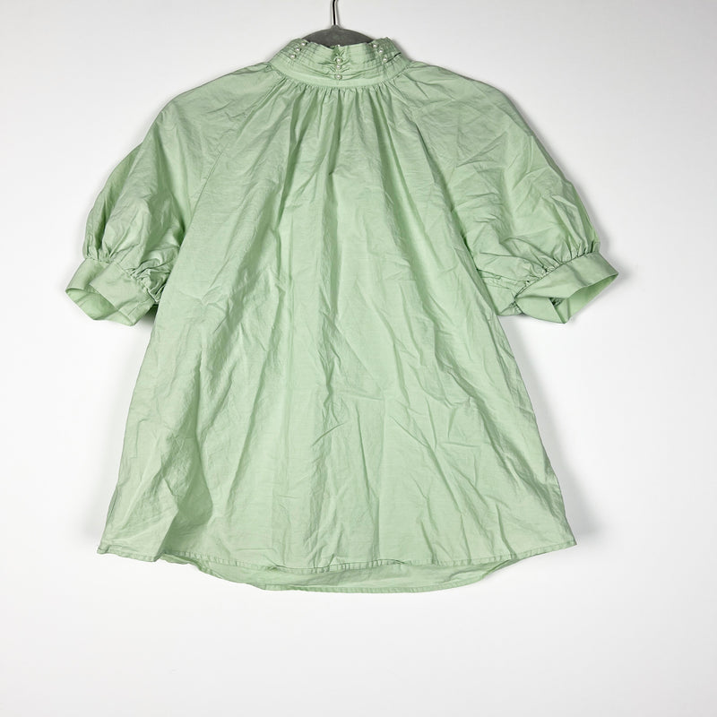 Zara Cotton Poplin Pearl Beaded Embellished High Neck Puff Sleeve Blouse Shirt