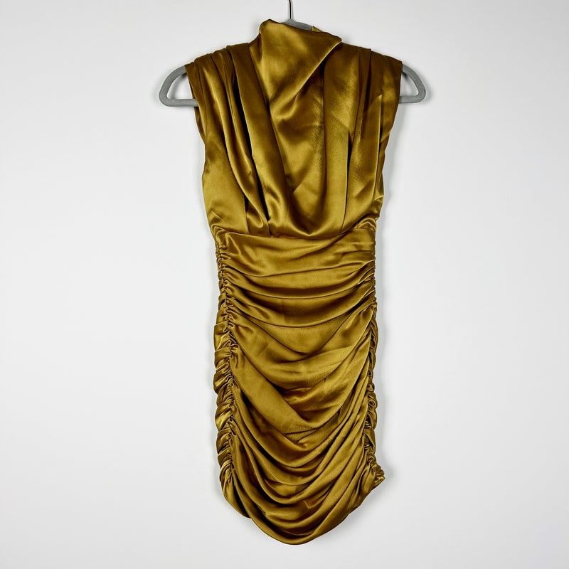 Babaton Aritzia Hasek Ruched Cowl Neck Sleeveless Satin Mini Dress Gold 00