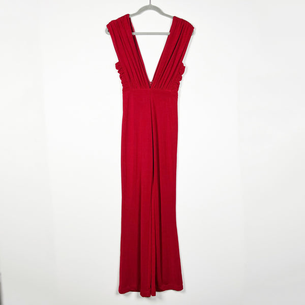 Misha Collection Stretch Knit Ruched Pleated Deep V Neck Sleeveless Jumpsuit Red