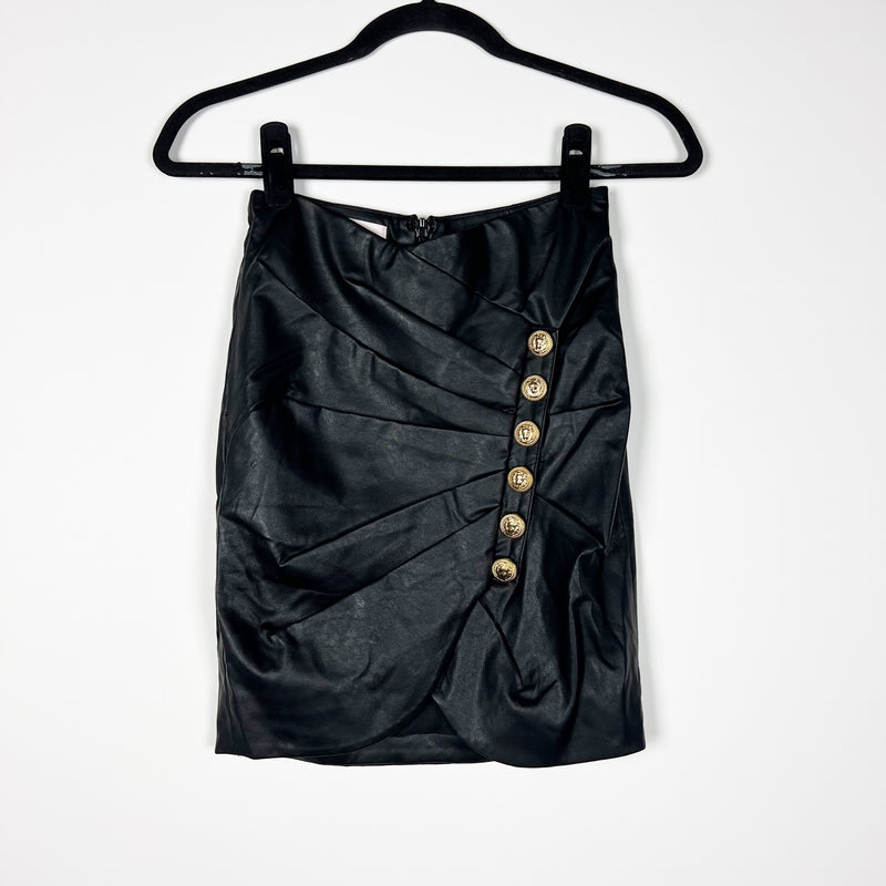 House Of CB Makayla Vegan Faux Leather Ruched Asymmetrical Button Mini Skirt XS