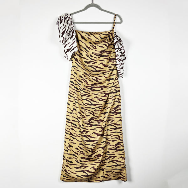 NEW Rejina Pyo Amelia Off The Shoulder Tiger Animal Print Satin Midi Slip Dress