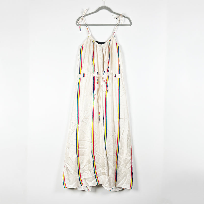 Paper London Natalia Silk Satin Rainbow Stripe Multicolor Print Tropical Dress