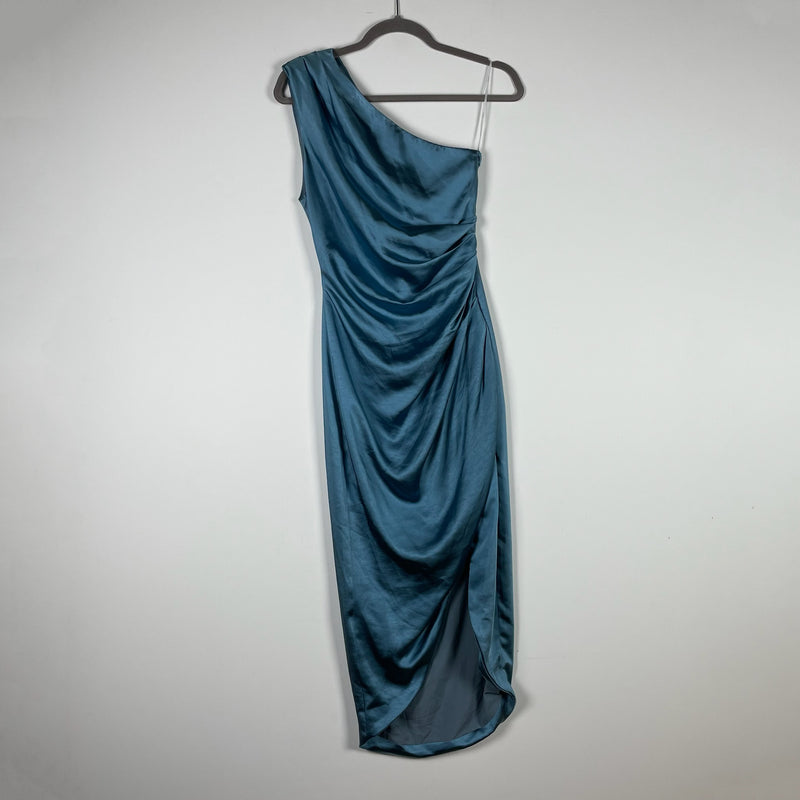 NEW Elliatt Cassini Rose Satin Asymmetrical Draped Ruched Midi Dress Cadet Blue