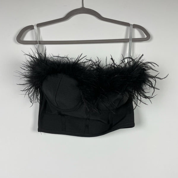 Superdown Ramona Bustier Strapless Feather Trim Corset Crop Tank Top Black XS