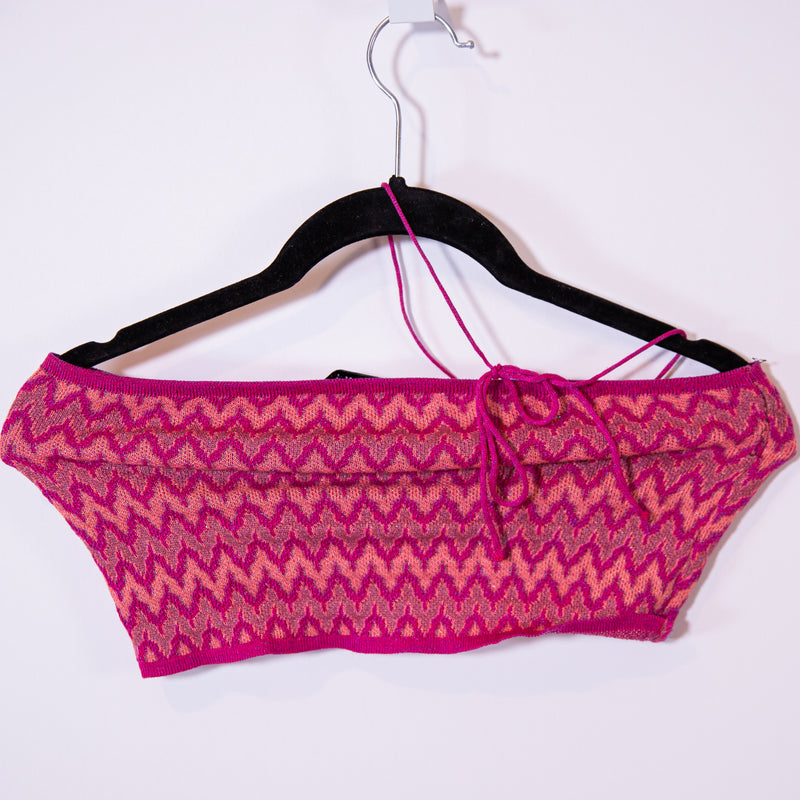 Zara Halter Neck Chevron Knit Stretch Bandeau Crop Top Pink Orange Small