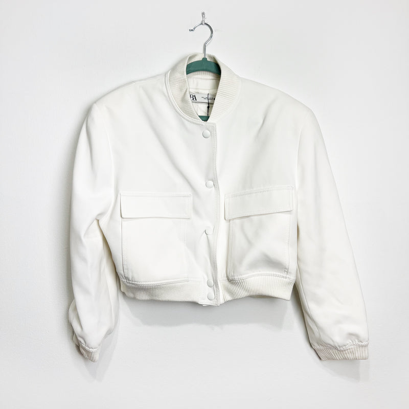 Zara Crepe Snap Button Mock Neck Multi Pocket Cropped Varsity Jacket White Large