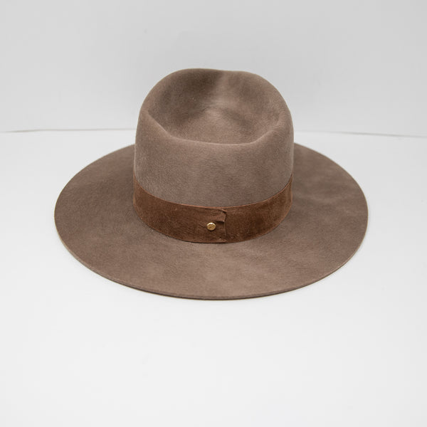 Janessa Leone Alara Wool Mid Brim Fedora Hat w/ Pig Suede Band Chestnut Medium