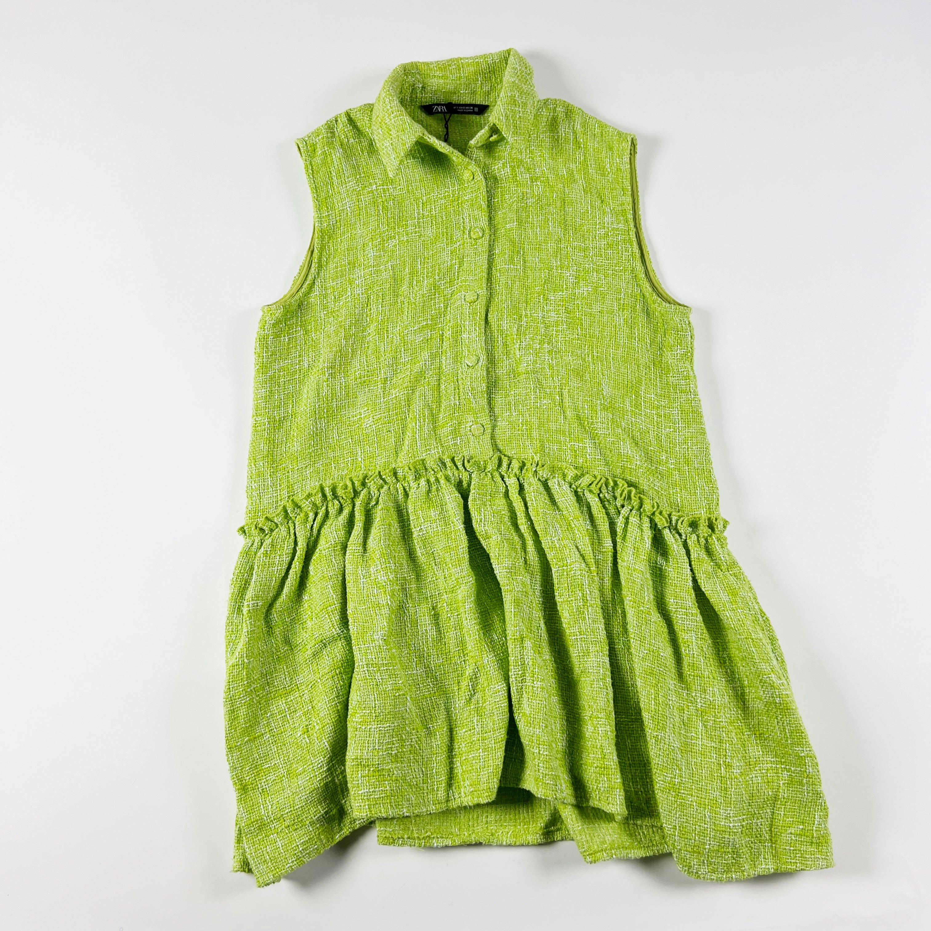 Zara Cotton Blend Texture Knit Drop Waist Sleeveless Collared Button Front Dress