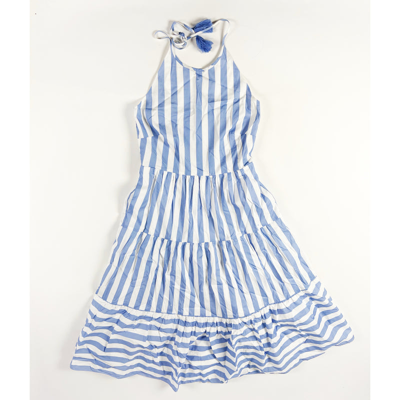 NEW Sail To Sable Kelly Halter Neck Cotton Poplin Blue White Stripe Tiered Dress