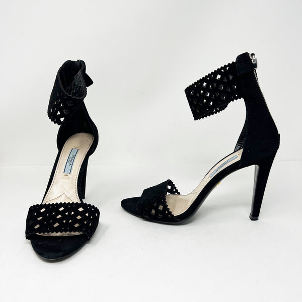 Prada Milano Genuine Suede Leather Laser Cut Perforated Ankle Strap High Heels