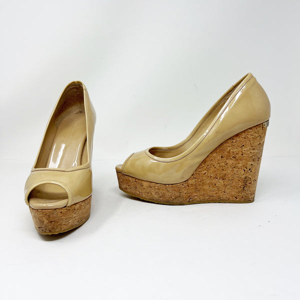 Jimmy Choo Papina Patent Leather Cork Wedge Platform Peep Toe High Heels Shoes