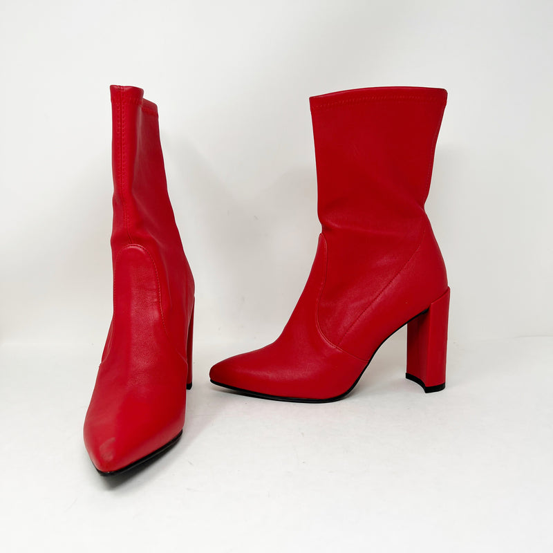 Stuart Weitzman Clinger Genuine Leather Block High Heel Ankle Booties Shoes Red
