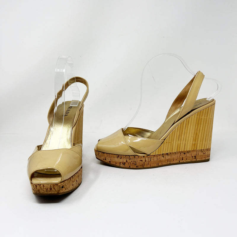 Prada Women's Made In Italy Patent Leather Peep Toe Slingback Wedge High Heels