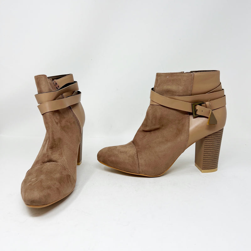 NEW Faux Vegan Suede Leather Stacked Wood Heel Ankle Wrap Strap Booties Shoes 10