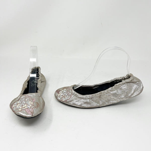 Redfoot Metallic Silver Floral Pearl Crystal Foldable Travel Ballet Flats Shoes